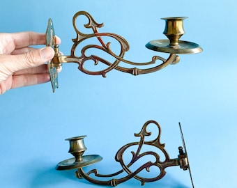 Vintage Brass Rotating Piano Candle Sconces / Wall Candleholders Set, Victorian Gothic Brass Piano Candle Holder