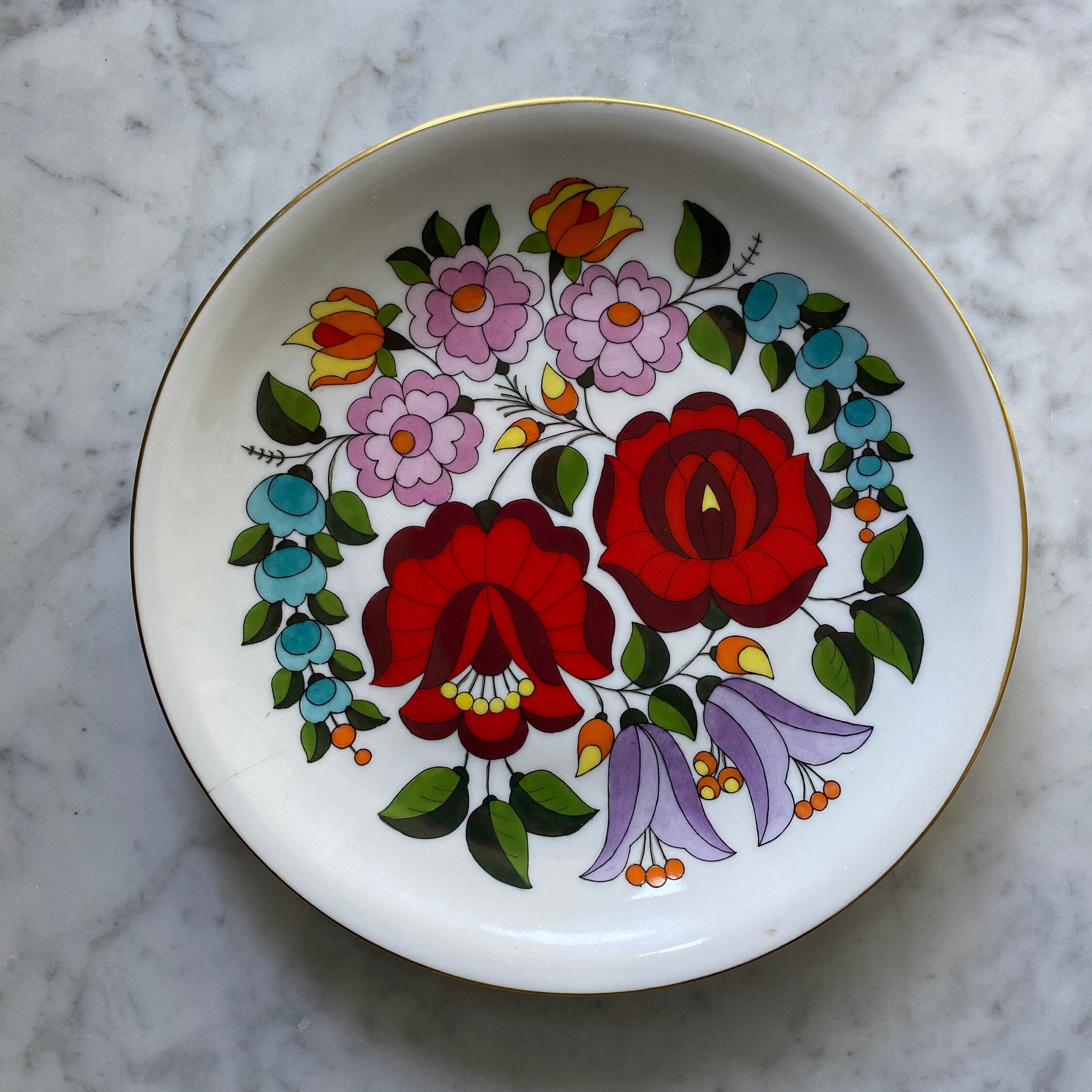Vintage Kalocsa Porcelain Wall Plate / Hand Painted Hungary Folk Art Wall Plates, Retro Kitchen