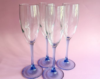 Vintage Cristal D'Arques-Durand Champagne Flutes / Azur Blue Fluted Crystal Glassware