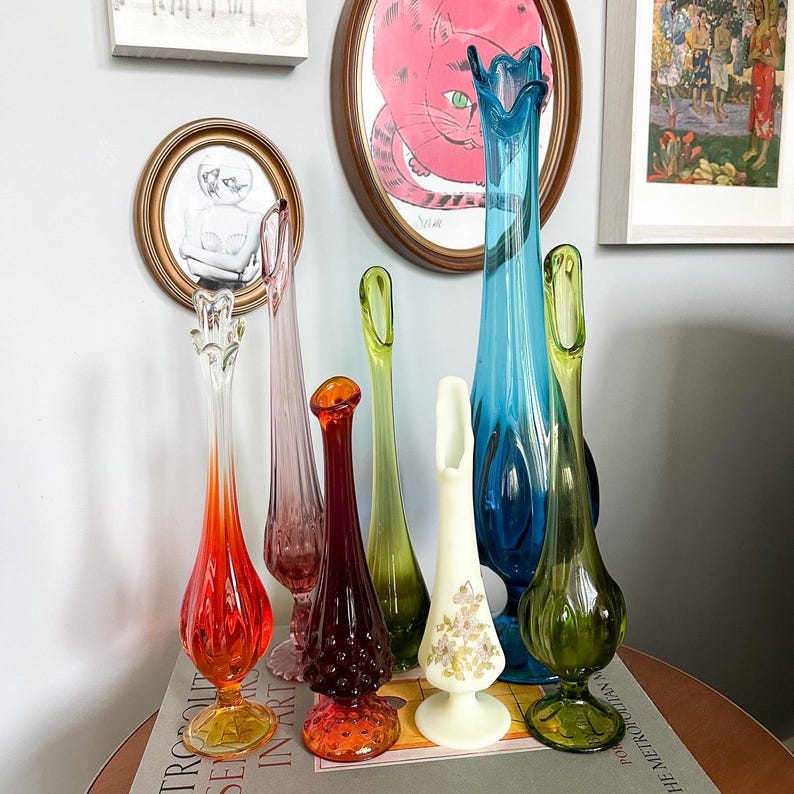 Gallery Detail: Vintage Swung Glass Vases Viking Fenton Glass Bud Stretch Vases