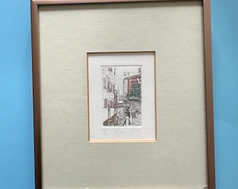 Vintage Venedig Italien Kanal gerahmte Lithographie / signierte nummerierte italienische Kunst, Markusplatz gerahmter Wandbehang, Retro Hauptwohnungsdekor