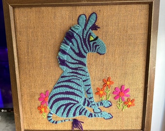 Vintage Zebra Floral Framed Crewel / Burlap Animal Embroidery Wall Art, Needlepoint Crewel, Retro Home Decor, Paragon Crewel