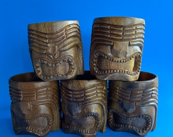 Vintage Tiki God Carved Wood Mugs by Alii Woods Honolulu / Monkeypod Wood Hawaiian Mugs, Kitsch Tiki Barware, Retro Bar Decor