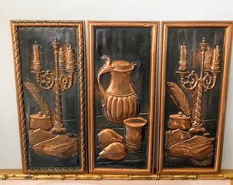 Vintage Copper Relief Framed Art / Metal Wall Hanging, Copper Wall Plaque Home Decor