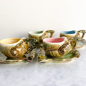 Vintage Conch Shell Tea Cup and Saucer Set / Japan Majolica Oyster Shell, Retro Kitchen Drinkware, Porcelain Drip Glaze, Tea Party Decor