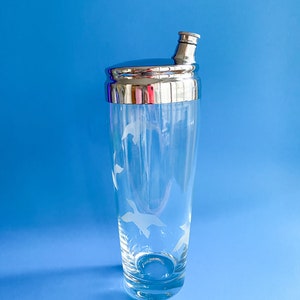Vintage Libbey Etched Glass Stainless Steel Cocktail Shaker / Mid Century Ducks Barware, Personalized Large Cocktail Shaker