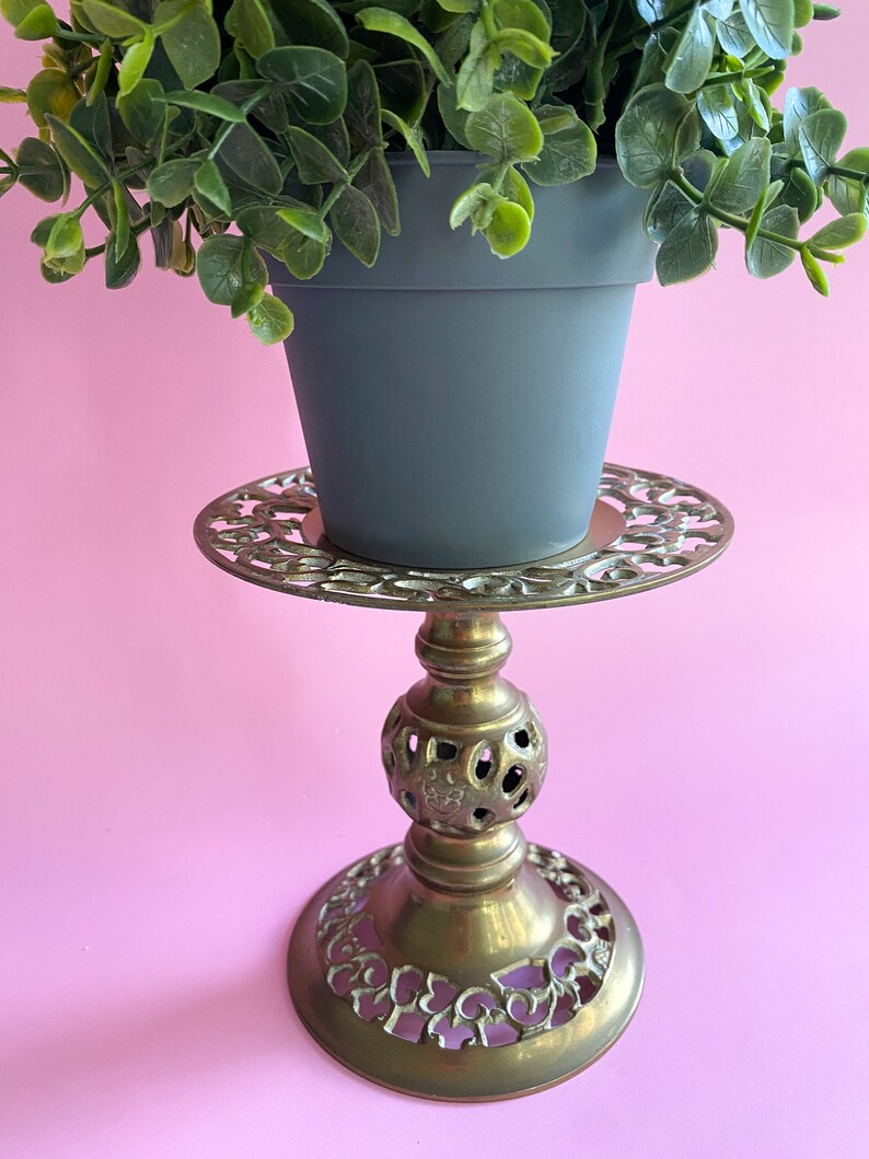 Vintage Ornate Brass Pillar Candle Holder / Hollywood Regency Filigree