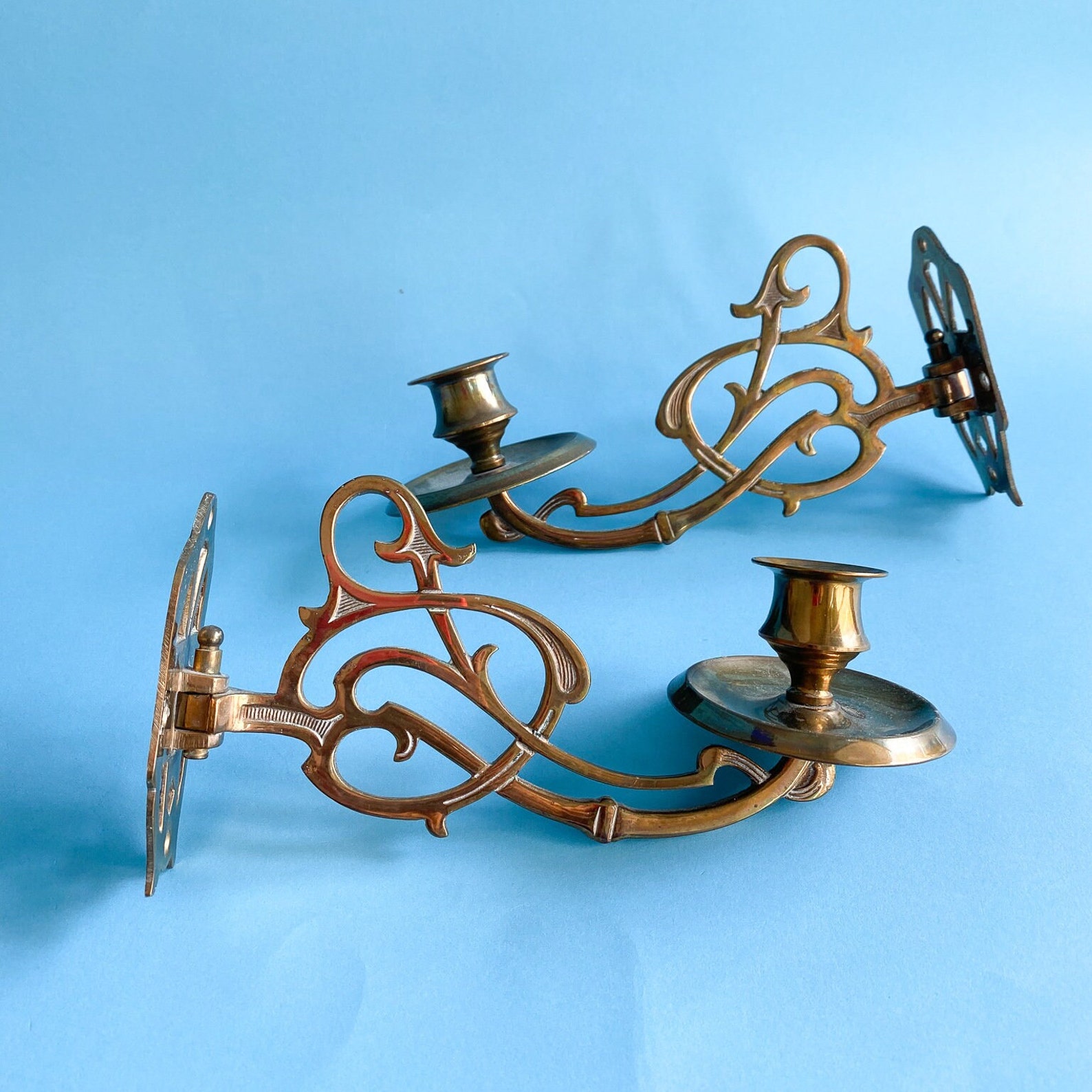 Vintage Solid Brass Candle Sconces Wall Candleholders Set / Rotating