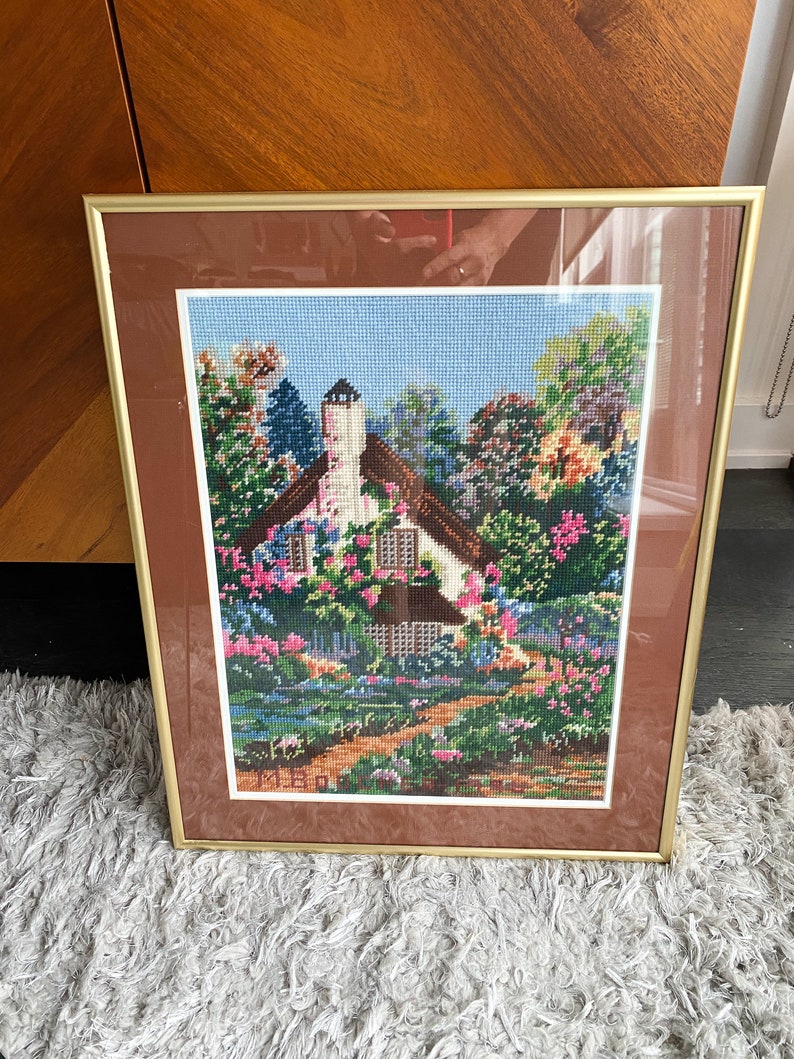 Vintage French Cottage Needlepoint Framed Art / Floral Wall Needlepoint