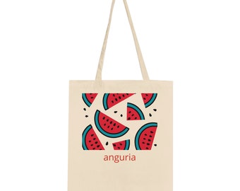 May include: A beige tote bag with a red and green watermelon print and the word "anguria" in red text.