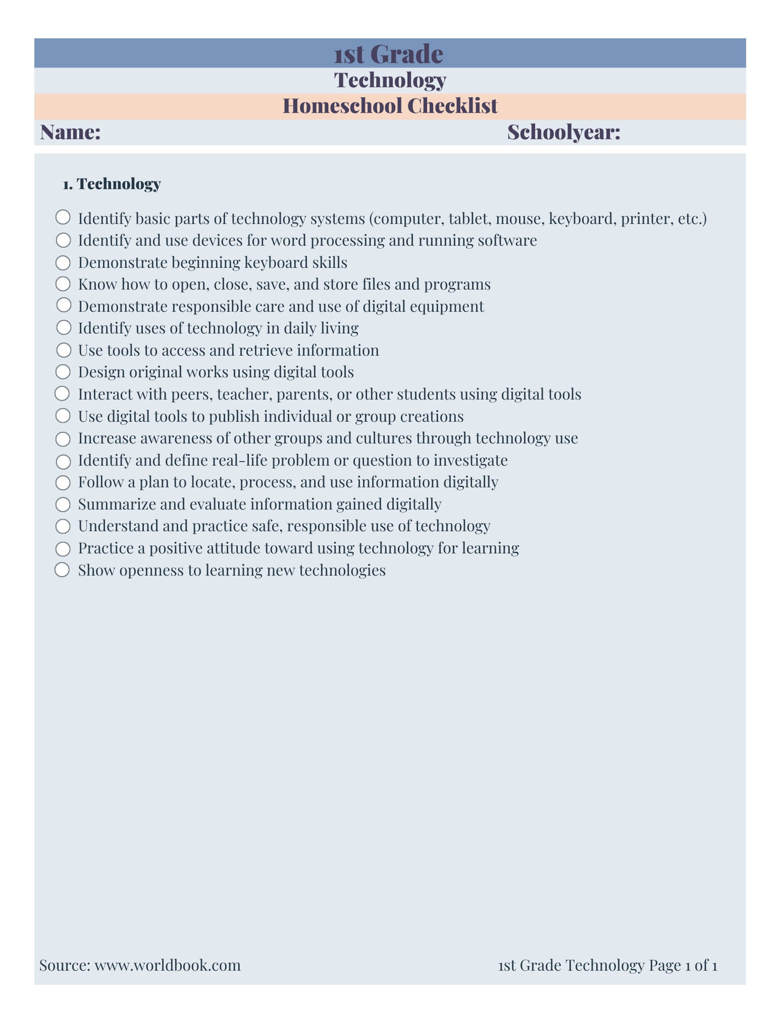 1st Grade Homeschool Checklist - Etsy