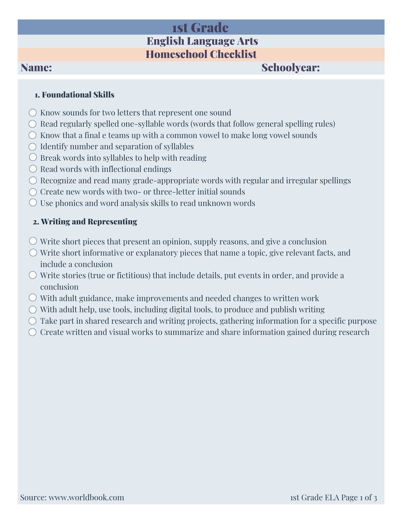 1st Grade Homeschool Checklist - Etsy