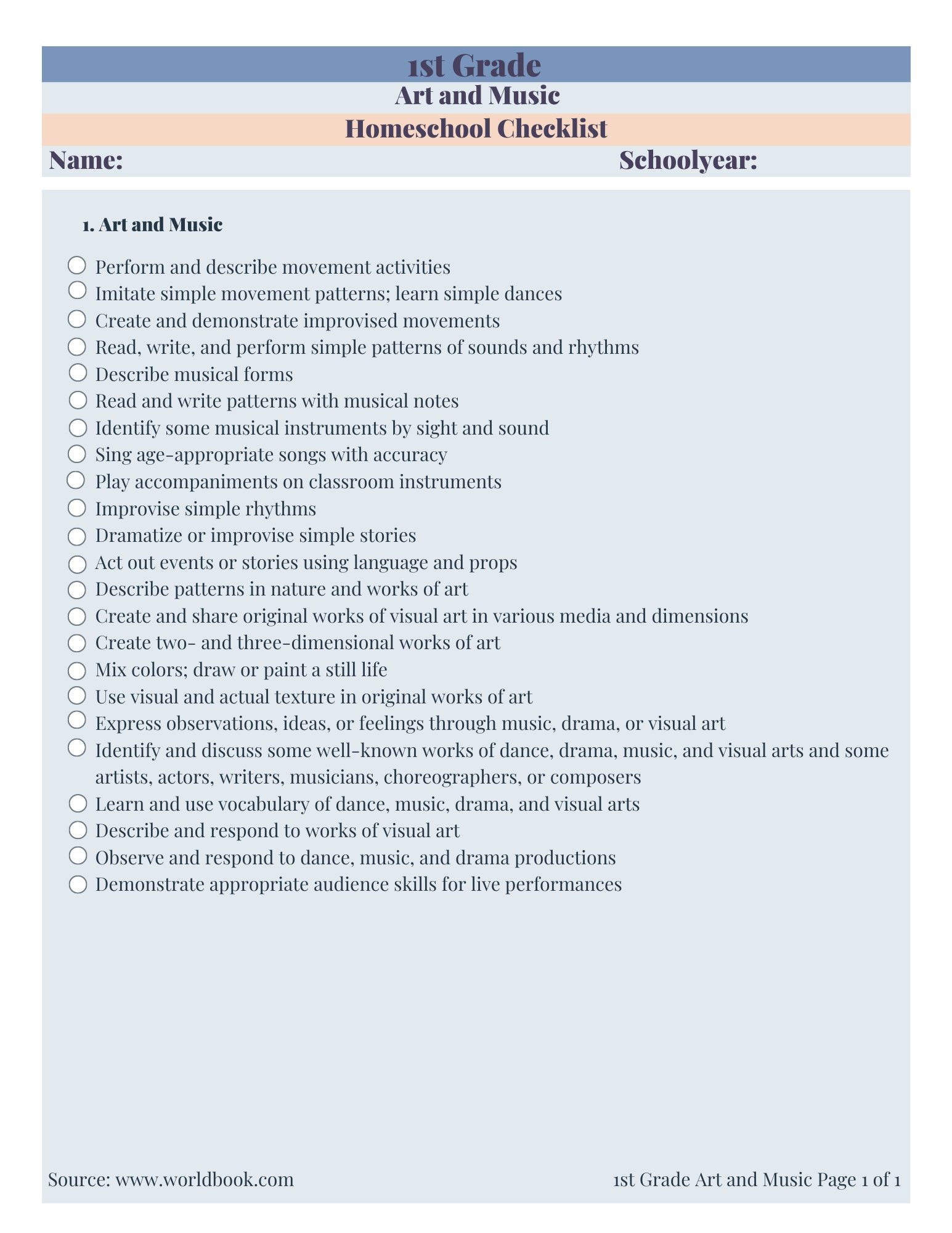 1st Grade Homeschool Checklist - Etsy