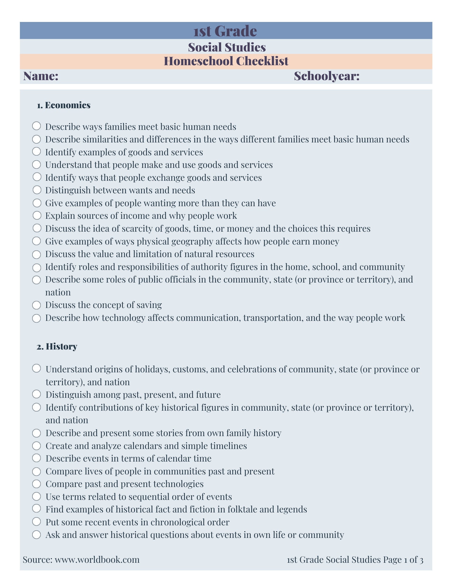 1st Grade Homeschool Checklist - Etsy