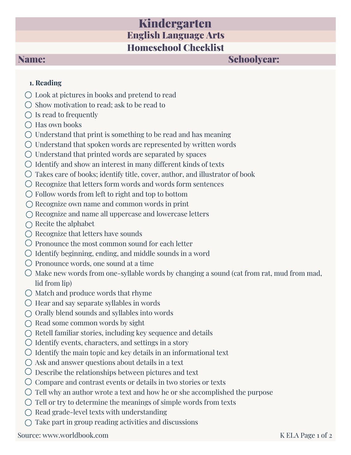 Kindergarten Homeschool Checklist - Etsy