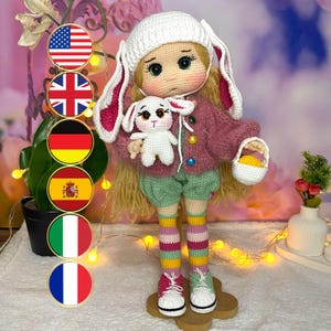 Easter Doll Crochet Pattern, Cute Bunny Girl Tutorial PDF, Doll Amigurumi, Rabbit with Basket Crochet Pattern, Easter Doll with Blonde Hair