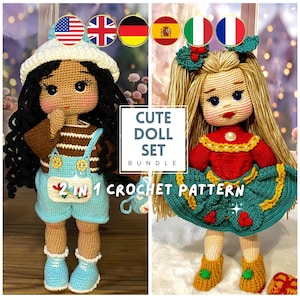 2 in 1 Crochet Doll Pattern Bundle, Afro Black Girl Amigurumi, Blonde Doll Crochet Pattern, Doll with Clothes Crochet (En, Fr, De, It, Es)