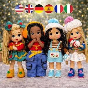 4-in-1 gehaakt poppenpatroon grote bundel, amigurumi-set voor afro zwart en blond meisje (En, Fr, De, It, Es)