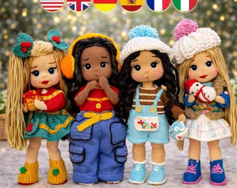 4in1 Crochet Doll Pattern Big Bundle, Afro Black & Blonde Girl Amigurumi Set (En, Fr, De, It, Es)