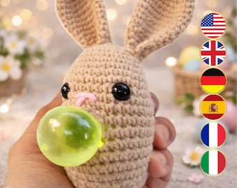 Schema all'uncinetto per coniglietto antistress, divertente giocattolo amigurumi (PDF), regalo di Pasqua, tutorial per un simpatico coniglietto, multilingue (6 lingue)