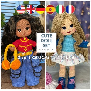 2 in 1 Crochet Doll Pattern Bundle, Afro Black Girl Amigurumi, Blonde Doll Crochet Pattern, Doll with Clothes Crochet (En, Fr, De, It, Es)