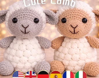 Schema per realizzare un agnello all'uncinetto, Pecorella amigurumi in stile fattoria primaverile, Regalo di Pasqua per la cameretta, Tutorial facile per creare un peluche, PDF multilingue (6 lingue)