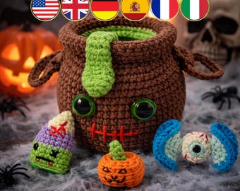 Crochet Trick or Treat Cauldron Pattern – Amigurumi Halloween Candy Bowl (PDF) - Multilingual (En, Fr, De, It, Es)