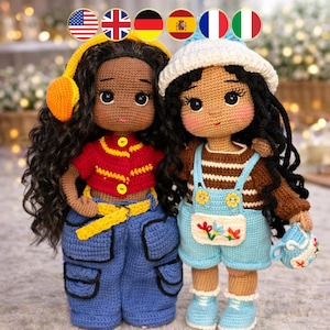 2 in 1 Crochet Black Doll Pattern Bundle, Winter Afro Girl Amigurumi, Hiphop Doll Crochet Pattern, Doll with Clothes (En, Fr, De, It, Es)