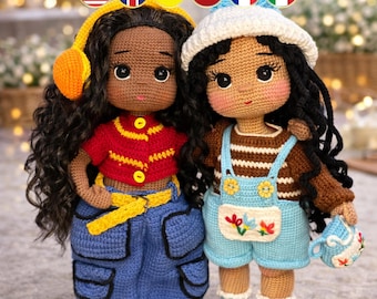 2 in 1 Crochet Black Doll Pattern Bundle, Winter Afro Girl Amigurumi, Hiphop Doll Crochet Pattern, Doll with Clothes (En, Fr, De, It, Es)