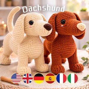 Modèle au crochet teckel, chien saucisse amigurumi, tutoriel PDF pour chiot en peluche, multilingue (6 langues), cadeau pour amoureux des chiens