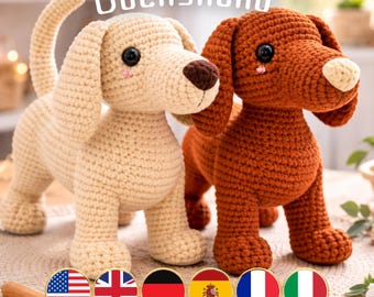 Dachshund Crochet Pattern, Amigurumi Sausage Dog, Plush Puppy PDF Tutorial, Multilingual (6 Languages), Gift for Doglover