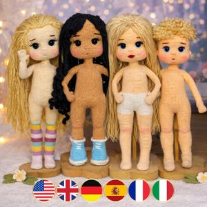 Pacchetto di modelli per il corpo di bambola all'uncinetto 4 in 1, set base per il corpo di un bambino in amigurumi (tutorial PDF), multilingue (6 lingue), regalo per la cameretta dei bambini