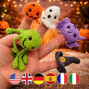 Padrão de fantoches de dedo de crochê para o Halloween – Fantasma, Abóbora e Morcego em Amigurumi (PDF) - Multilíngue (En, Fr, De, It, Es)