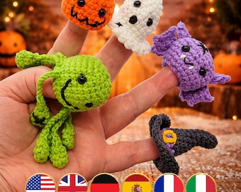 Crochet Halloween Finger Puppets Pattern – Amigurumi Ghost, Pumpkin, Bat (PDF) - Multilingual (En, Fr, De, It, Es)