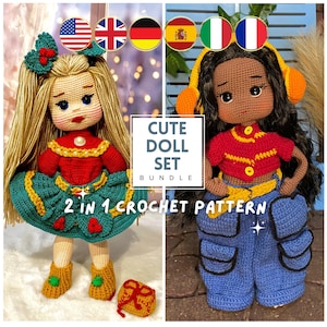 2 in 1 Crochet Doll Pattern Bundle, Afro Black Girl Amigurumi, Blonde Doll Crochet Pattern, Doll with Clothes Crochet (En, Fr, De, It, Es)