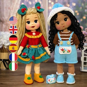 2-in-1 gehaakte poppenpatroonbundel, winter- en kerstamigurumi (pdf-patroon), gehaakte set poppenkleertjes, meertalig (6 talen)