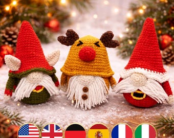 3-in-1 Christmas Gnomes Crochet Pattern – Holiday Amigurumi Set PDF, Cute Santa, Reindeer & Elf Gnome Dolls, Easy Christmas Crochet