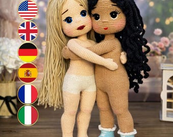 2 in 1 Crochet Doll Body Pattern Bundle, Afro Black Girl Amigurumi, Blonde Doll Crochet Pattern, Doll Base Body Crochet (En, Fr, De, It, Es)