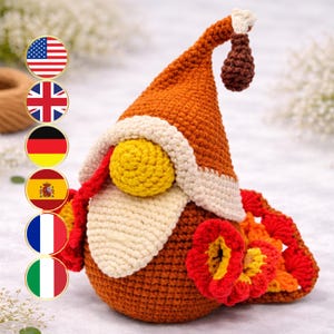 Turkey Gnome Crochet Pattern, Fall Thanksgiving Day Tutorial PDF in English, Autumn Garden Gnome Pattern, Turkey Crochet Do It Yourself