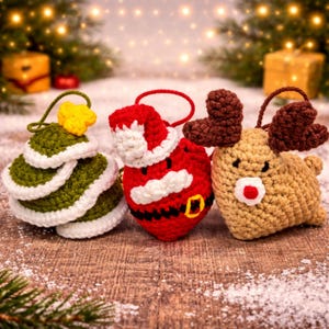 3 in 1 Christmas Hearts Crochet Pattern, Christmas Tree Ornament Tutorial PDF in English, Xmas Deer Amigurumi, Santa Deer Set Crochet