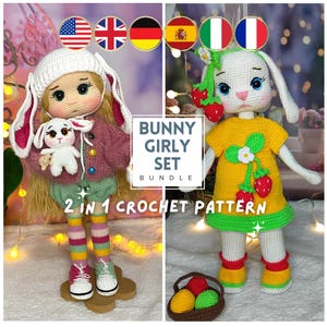 Patrón de conejita a crochet 2 en 1, amigurumi de conejita, patrón de muñeca de Pascua a crochet, muñeca con ropa (inglés, francés, alemán, italiano, español)