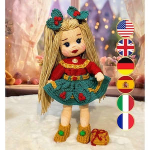 Christmas Doll Crochet Pattern, Christmas Cute Girl Tutorial PDF, Xmas Winter Doll Amigurumi, Christmas Cute Doll Clothes Crochet Pattern