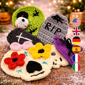 Crochet Creepy Garland Pattern – Sugar Skull & Halloween Appliqué (PDF) - Multilingual Crochet (En, Fr, De, It, Es)