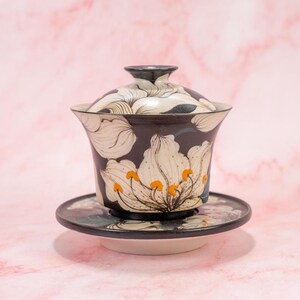 Lily Symphony Gaiwan Tea Set | Handmade Porcelain Blooming Lily Tea Cup, Lid, Coaster | Black&White Floral Water Mug | Vintage Drinkingware