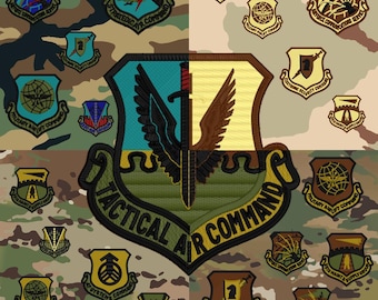 Historische patches van de Amerikaanse luchtmachteenheid in bos-, woestijn-, multicam- en OCP-kleurenschema's