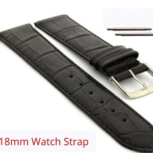 Könnte beinhalten: Schwarzes Lederarmband mit Kroko-Muster und silberner Schließe. Das Armband ist 18 mm breit.