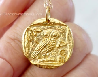 Satin 24k Gold Plated Bronze Ancient Athena Owl Coin Charm Pendant Necklace