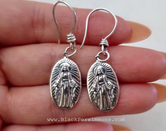 Virgin Mary Earrings - Solid 925 Solid Sterling Silver Medallion Pendant - Insurance Included