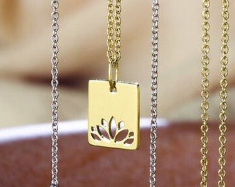 14k Yellow Gold Lotus Flower Renge Openwork Rectangle Pendant Necklace