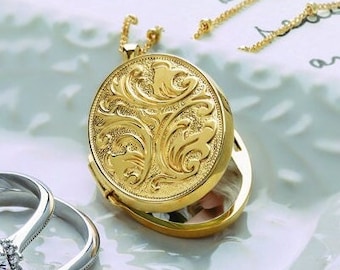 14K Yellow Gold Antique Victorian Style Inspired Oval Embossed Photo Locket Pendant, Keepsake, Heirloom Locket